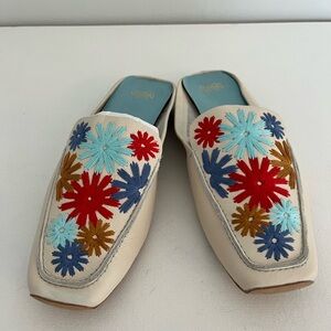 Frances Valentine Tumbled Leather Mules in Oyster with Floral Embroidery
